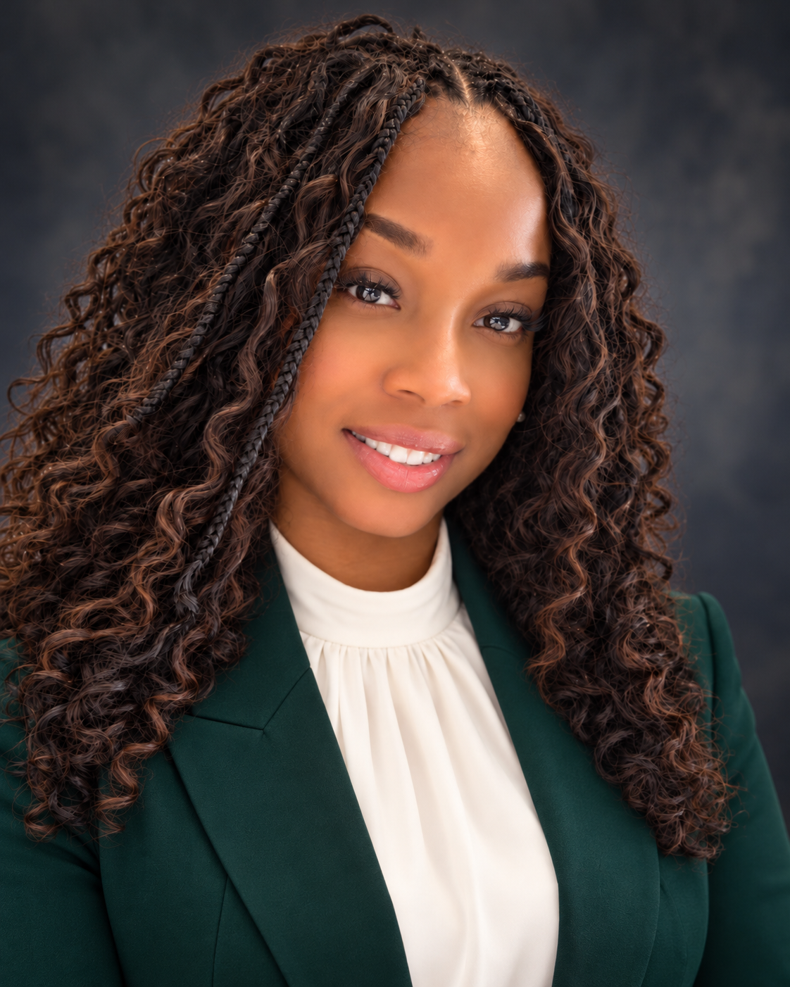 Ngozi Opara in a deep green blazer and ivory blouse